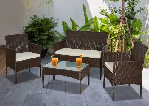 Przejdź do produktu Zestaw mebli z technorattanu (2 x fotel, sofa + stolik) COMODO brązowy