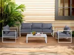 Komplet mebli ogrodowych (duża 3os. sofa, 2 x fotel + stolik) MOSTRARE  białe aluminium, szare poduchy