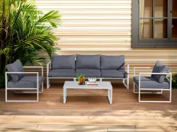 Komplet mebli ogrodowych (duża 3os. sofa, 2 x fotel + stolik) MOSTRARE  białe aluminium, szare poduchy
