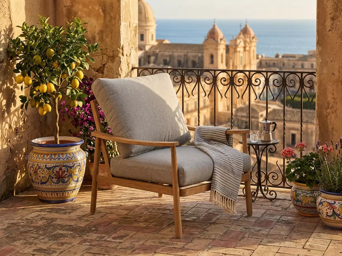 Fotel z miękkimi poduszkami, aluminiowa konstrukcja.webp