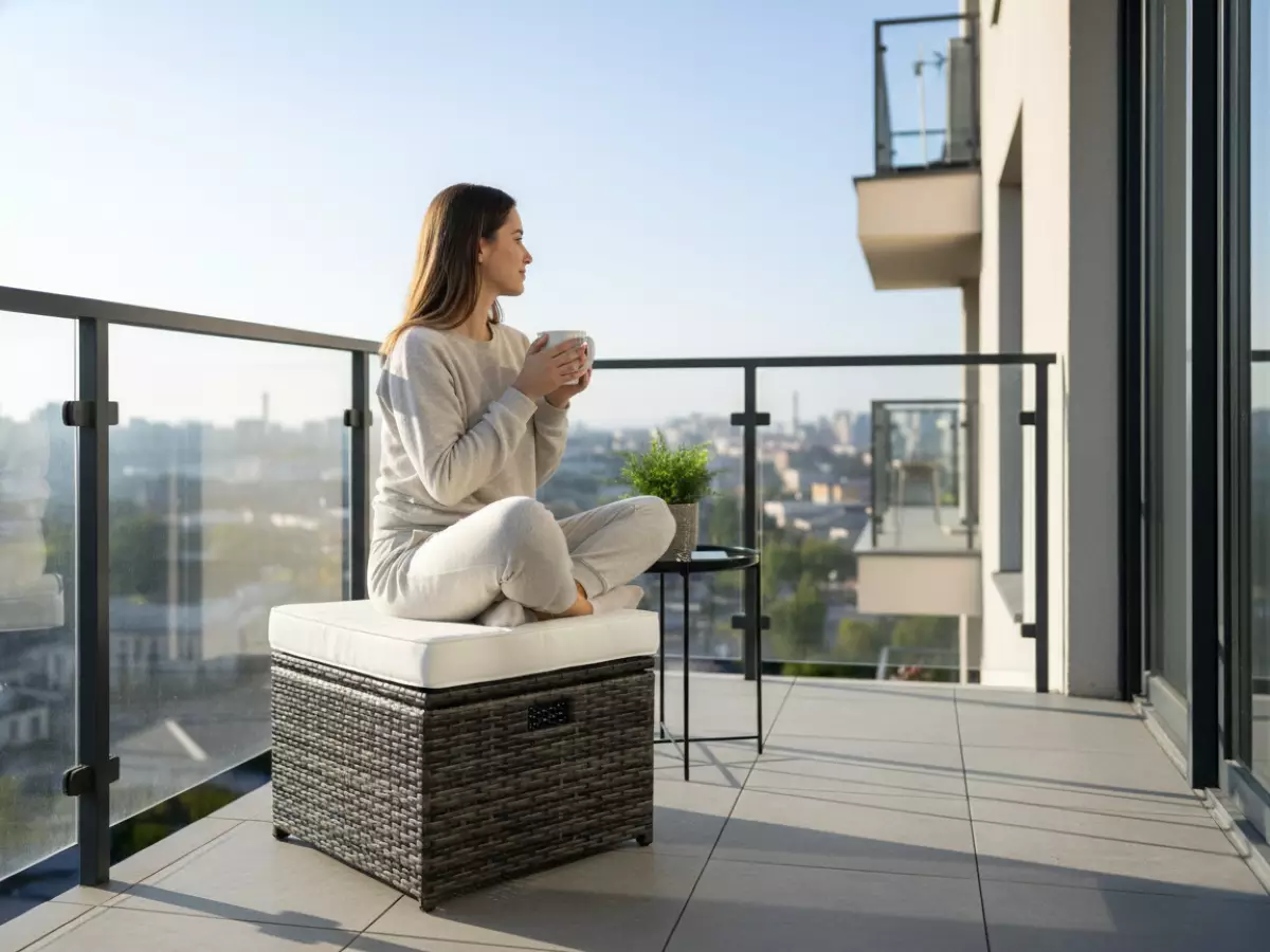 Pufa z szarego technorattanu, otwierana, ze schowkiem.webp